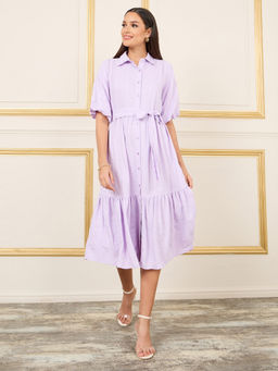 Styli - Womens Light Purple Puff Sleeve Shirt Dress with Belt (Set of 2)