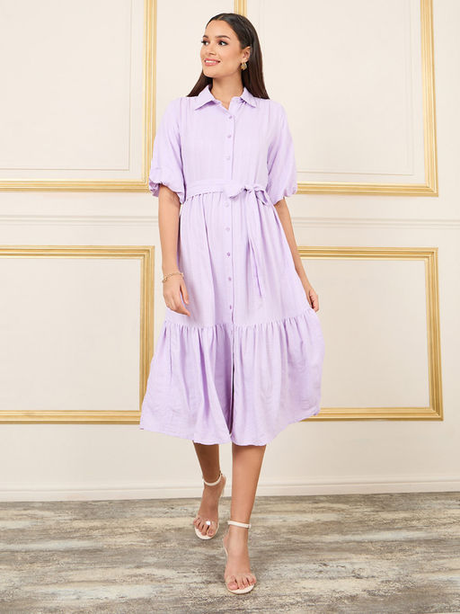 light purple puff sleeve dress Lna Light Purple Pleated Organza Midi Dress