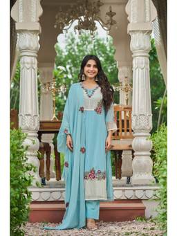 WOOMN - Blue Embroidered Kurta Pant Set with Dupatta