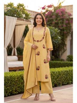 WOOMN - Yellow Embroidered Kurta with Pant and Dupatta
