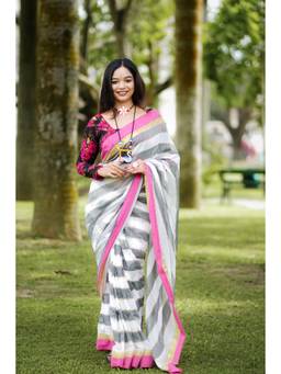 Aparna - Grey Striped Pure Cotton Saree