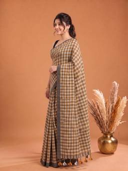 Aparna - Beige Checked Pure Cotton Saree
