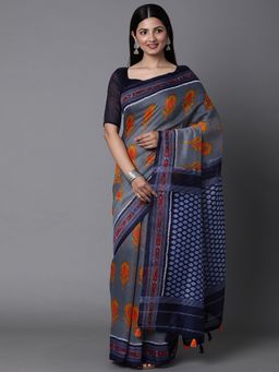 Akhilam - Womens Silk Cotton Grey Printed Celebrity Saree with Unstitched Blouse