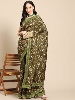 Odette - Olive Silk Printed Saree with Unstitched Blouse