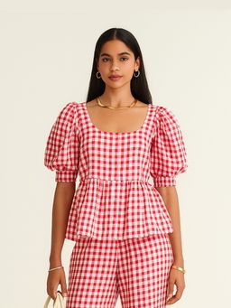 Backup Studio - Red Gingham Puff Sleeve Top
