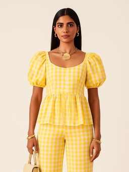 Backup Studio - Yellow Gingham Puff Sleeve Top