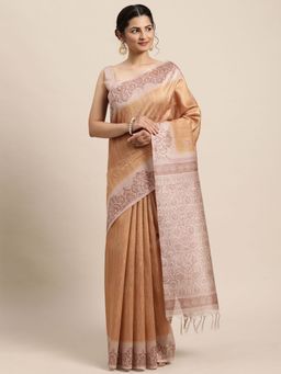 Odette - Womens Silk Blend Navy Blue Printed Designer Saree with Unstitched Blouse