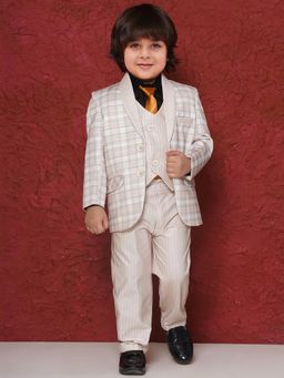 AJ Dezines - Boys Cream Cotton Check Shirt, Blazer, Pant, Waistcoat & Tie (Set of 5)