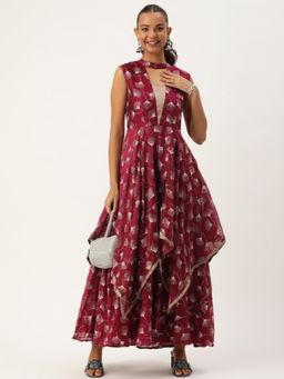 Ethnovog - Ready To Wear Maroon Satin Blend Foil Printed Maxi Dress