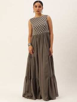 Ethnovog - Ready To Wear Green Georgette Embroidered Maxi Dress