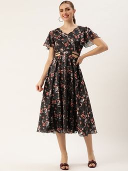 Ethnovog - Ready To Wear Black Chinon Side Cut Out Midi Dress