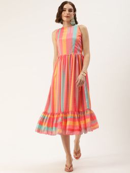 Ethnovog - Ready To Wear Multi-Color Color Block Chinon Midi Dress