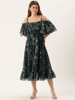 Ethnovog - Ready To Wear Green Floral Georgette Midi Dress