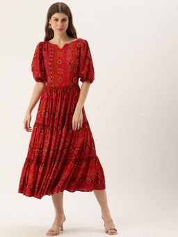 Ethnovog - Ready To Wear Red Printed Viscose Fabric Midi Dress