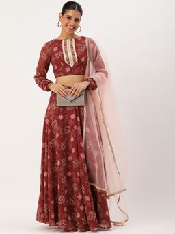 Ethnovog - Ready To Wear Maroon Georgette Digital Printed Lehenga Choli with Dupatta (Set of 3)