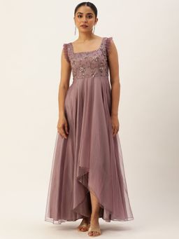 Ethnovog - Ready To Wear Purple Net Embroidered Asymmetrical Gown