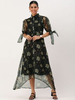 Ethnovog - Ready To Wear Black Organza Digital Printed Midi Dress
