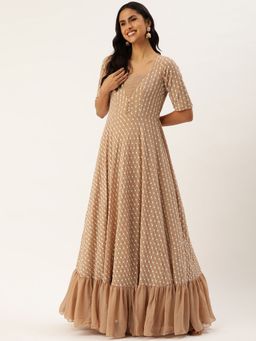 Ethnovog - Ready To Wear Beige Georgette Embroidered Sequins Gown