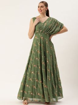 Ethnovog - Ready To Wear Green Georgette Embroidered Drape Gown
