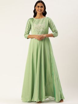 Ethnovog - Ready To Wear Green Art Silk Embroidered Patch Style Gown