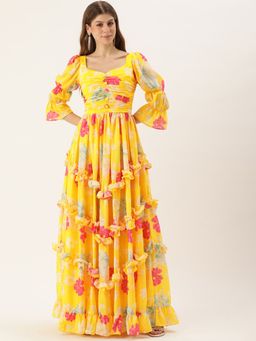 Ethnovog - Ready To Wear Yellow Chinon Ruching Style Gown