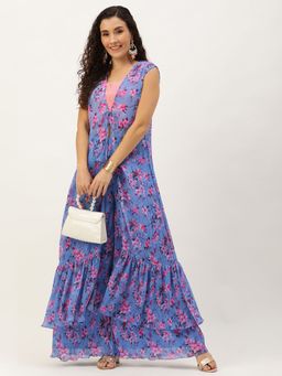 Ethnovog - Ready To Wear Blue Georgette Printed Crop Top with Palazzo and Jacket (Set of 3)