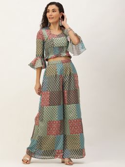 Ethnovog - Ready To Wear Multi-Colored Printed Chinon Crop Top with Palazzo (Set of 2)