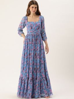 Ethnovog - Ready To Wear Blue Digital Printed Georgette Pleated Gown