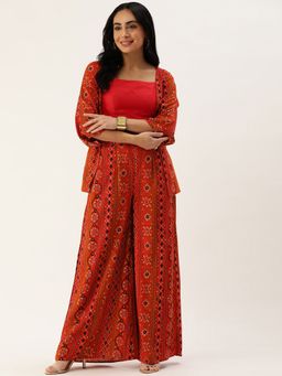 Ethnovog - Ready To Wear Red Printed Viscose Crop Top with Palazzo and Jacket (Set of 3)