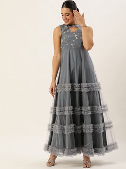 Ethnovog - Ready To Wear Grey Embroidered Chinon Net Gown