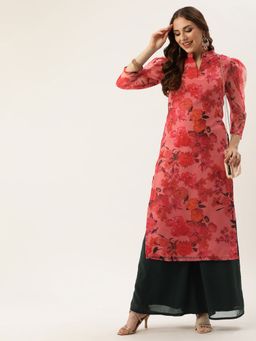 Ethnovog - Ready To Wear Pink Organza Kurta with Palazzo (Set of 2)
