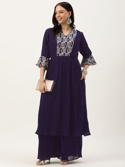 Ethnovog - Ready To Wear Navy Blue Embroidered Kurta with Palazzo (Set of 2)