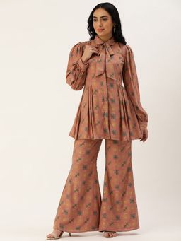 Ethnovog - Ready To Wear Peach Foil Print Muslin Co-Ord (Set of 2)