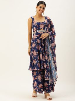 Ethnovog - Ready To Wear Blue Georgette Printed Kurta with Palazzo and Dupatta (Set of 3)