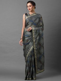 Akhilam - Grey Festive Brasso Printed Saree with Unstitched