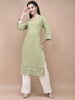 Shree - Women Liva Green Embroidered Kurta