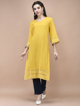Shree - Women Liva Mustard Embroidered Kurta