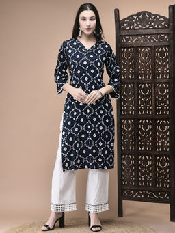 Shree - Women Liva Blue Geometric Print Kurta