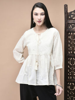 Shree - Women Cotton Off White Embroidered Tunic