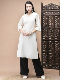 Shree - Women Cotton Off White Embroidered Kurta