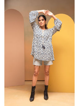 Juniper - Women Off- White and Navy Printed Viscose Gathered Tunic