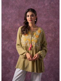 Juniper - Women Green, Mustard and White Embroidered Viscose Dori and Tassels Tunic