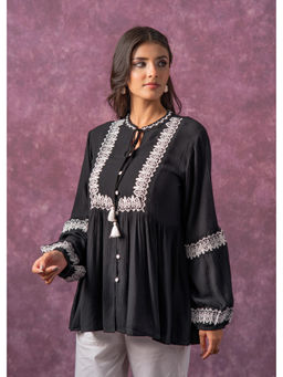 Juniper - Women Black and White Embroidered Viscose Thread Work, Buttons and Tassels Tunic