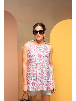 Juniper - Women Onion Pink Printed Cotton Ikat Work Tunic