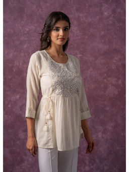 Juniper - Women Off-White Cotton Thread and Mirror Work Tunic