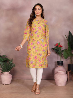 Rangita - Women Mustard Cotton Printed Straight Knee Length Kurta