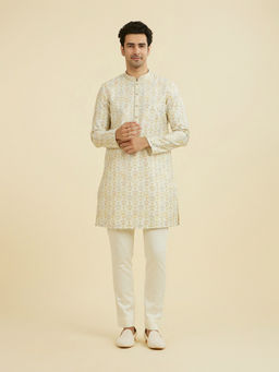Manyavar - Cream Embroidered Viscose Blend Kurta and Pant