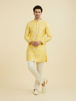 Manyavar - Yellow Embroidered Viscose Blend Kurta and Pant