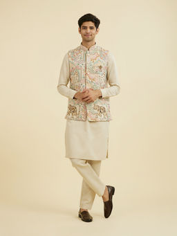 Manyavar - Beige Embroidered Viscose Blend Kurta with Jacket and Pyjama