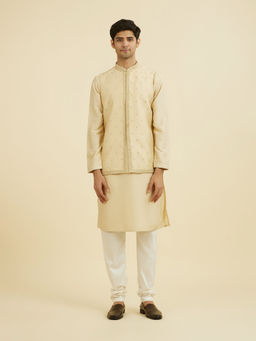 Manyavar - Beige Embroidered Art Silk Kurta with Jacket and Pyjama